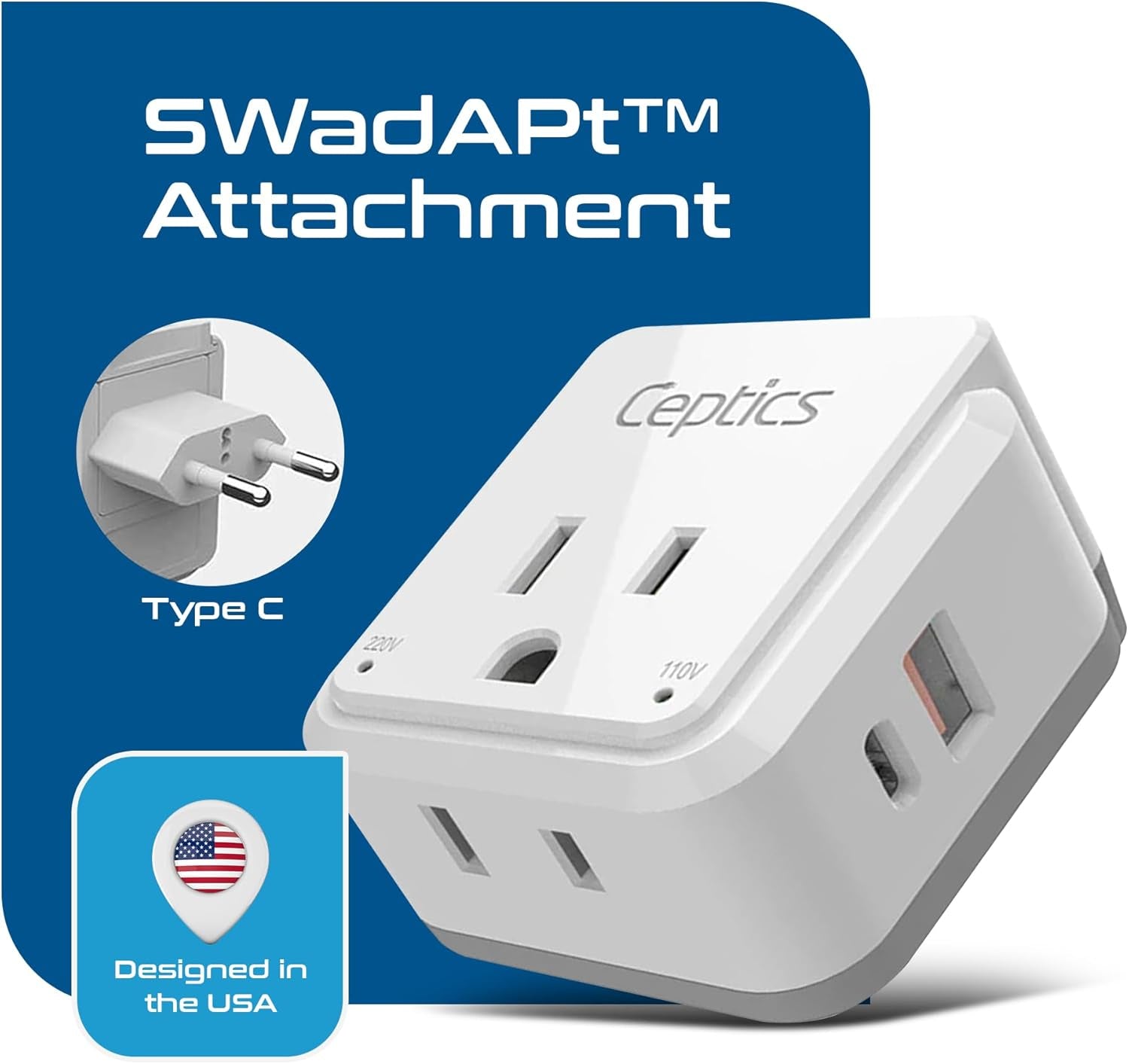 Europe Plug Adapter, 20W PD & QC, Safe Dual USB & USB-C 3.1A - 2 USA Outlet - Compact & Powerful - Use Euro, Greece, Italy, Switzerland, Turkey, Portugal - Includes Type C Swadapt Attachment
